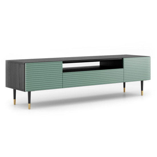 Czarna szafka pod telewizor, meble do salonu, ryflowana, zielona, z metalowymi nogami, złoto